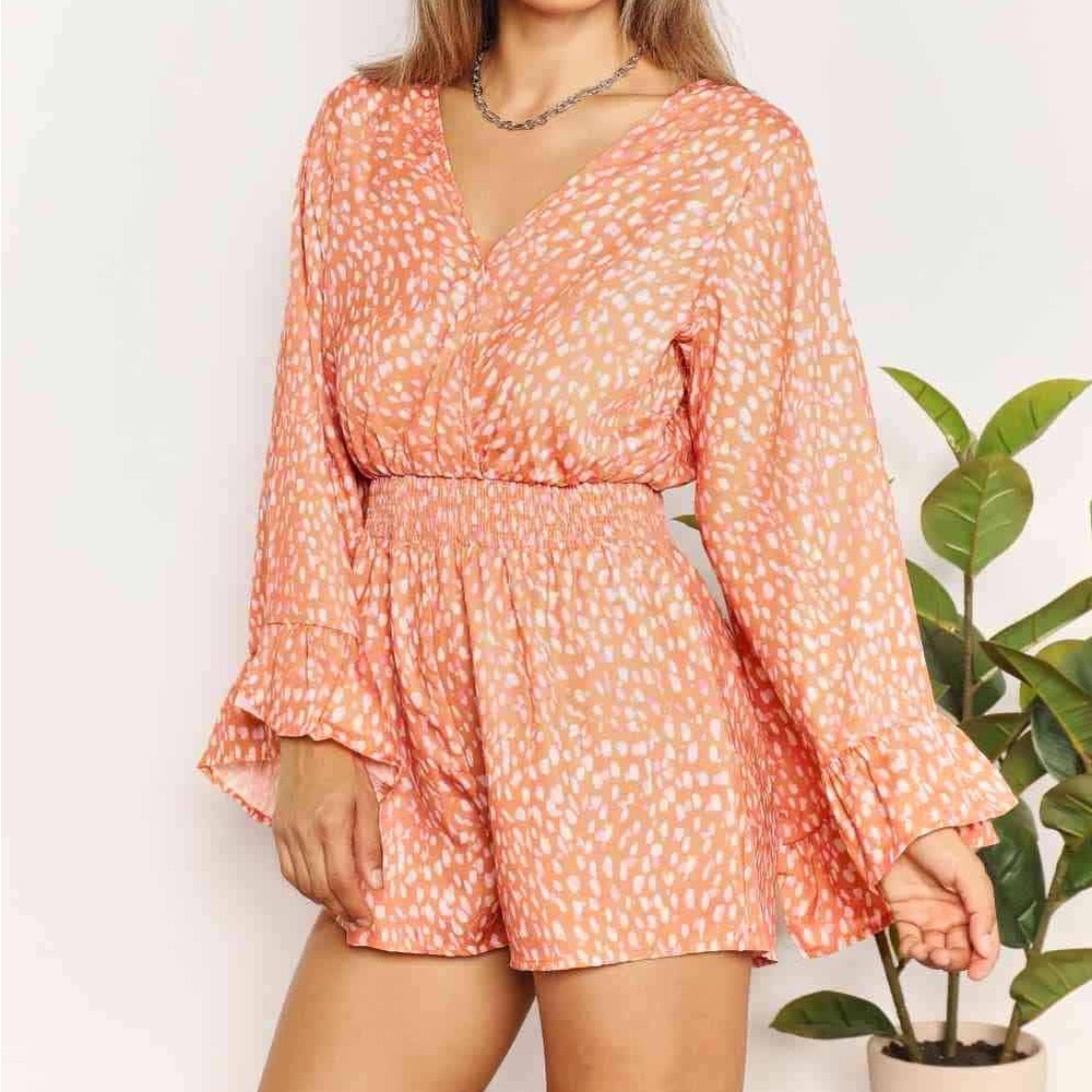 NEW Double Take Dalmatian Print Flare Sleeve Wrap Neckline Romper in Orange